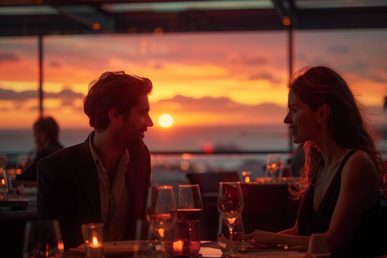 Deux personnes discutant lors d'un dîner romantique au crépuscule