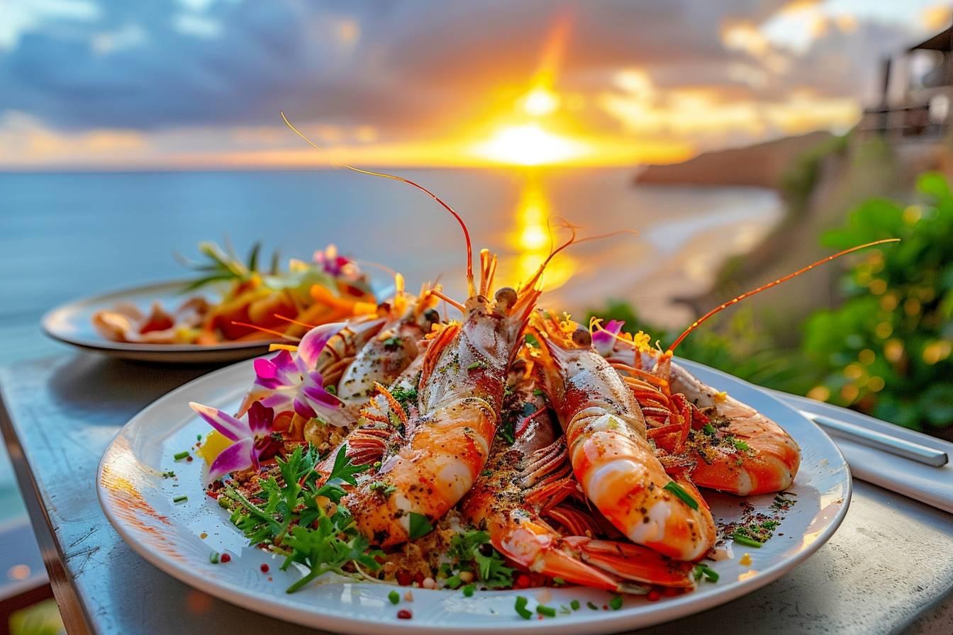 Assiette de fruits de mer grillés et garnis de fleurs colorées