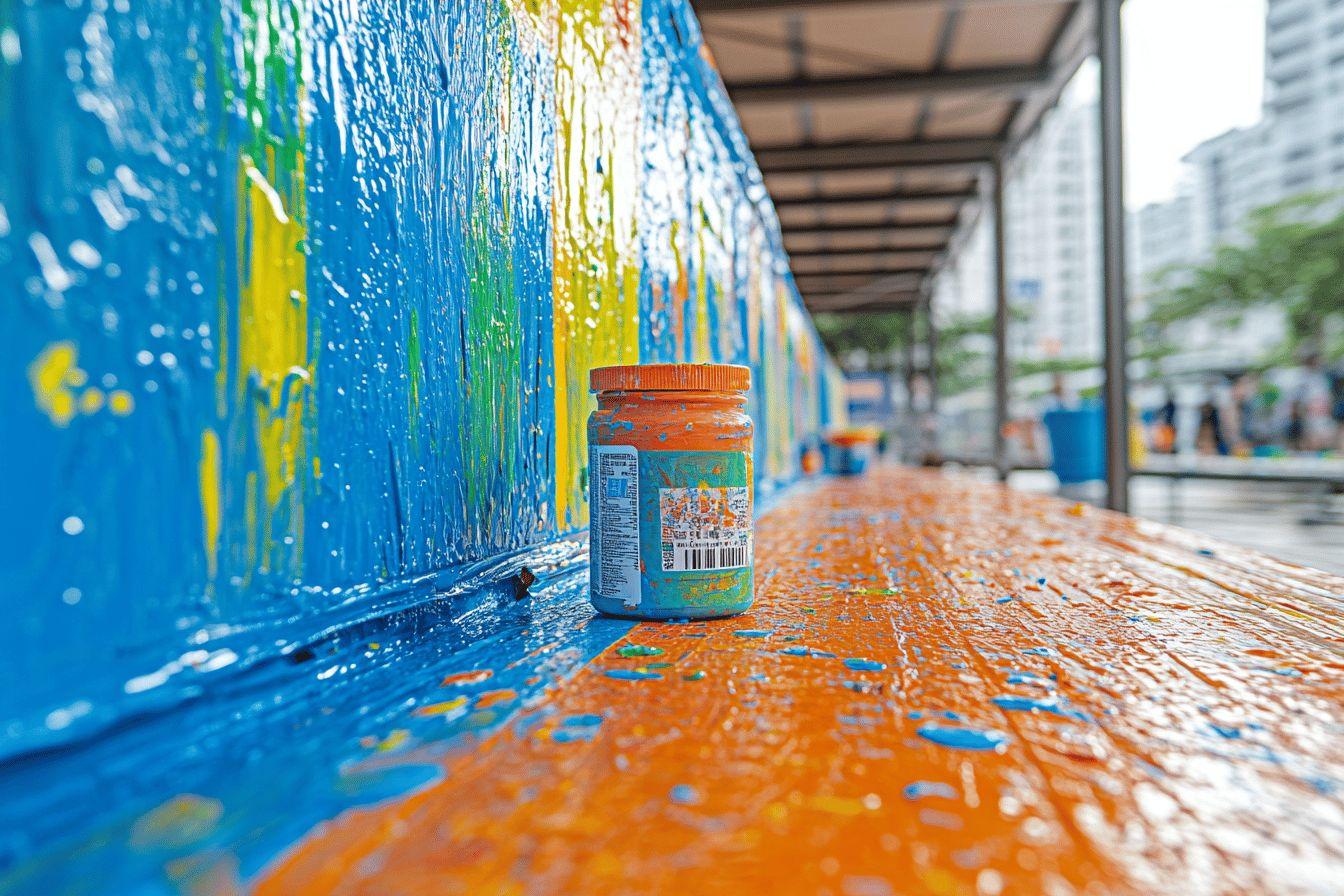 Pot de peinture orange sur surface peinte bleue et orange