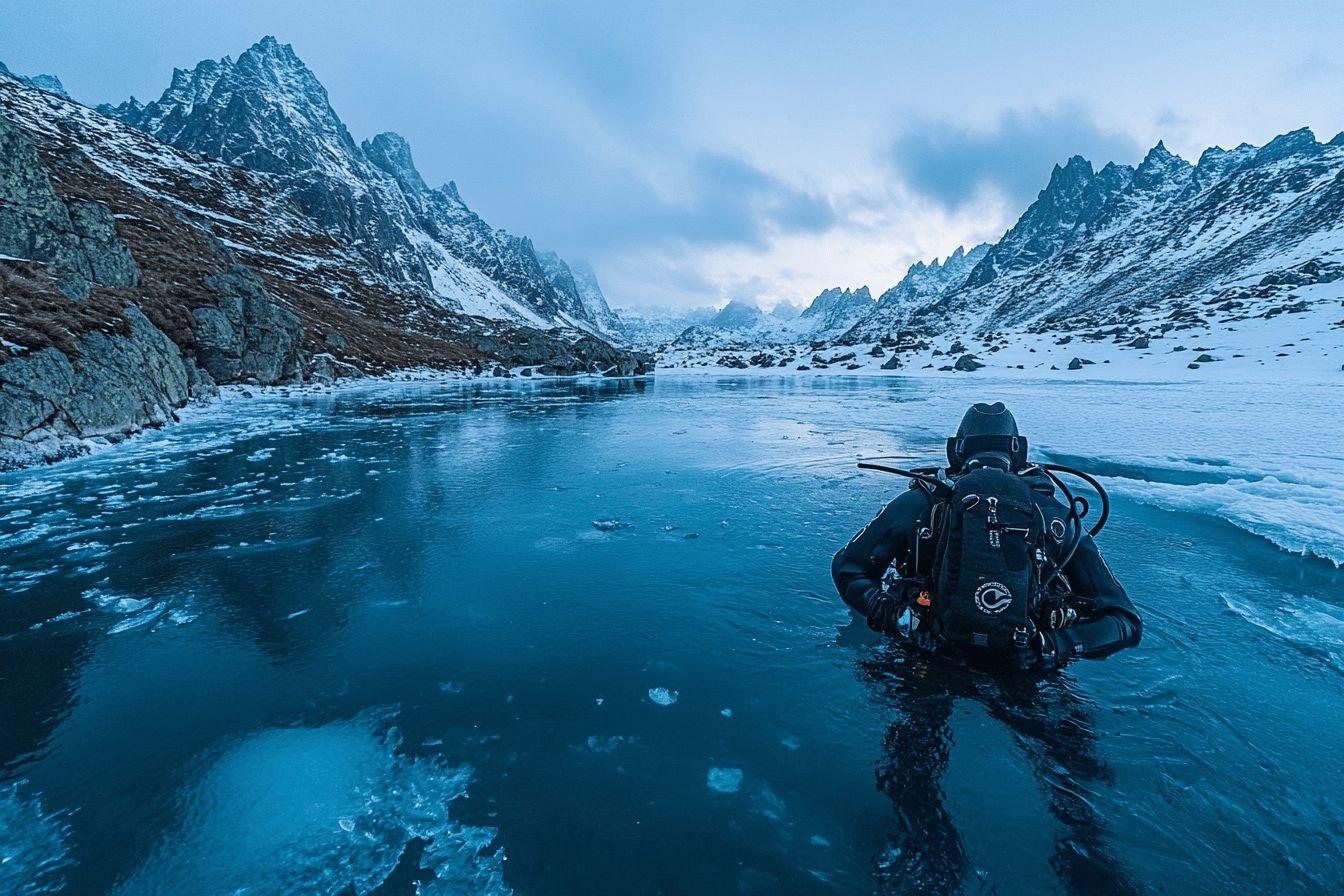 Plongeur dans un lac gelé entouré de montagnes enneigées